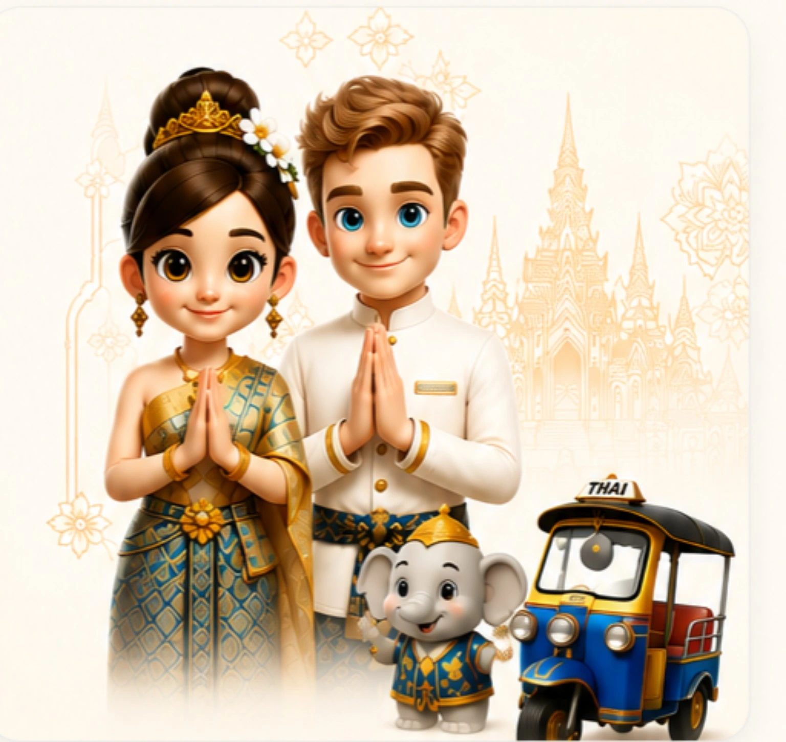 Thai wife and French husband with elephant and tuk-tuk
